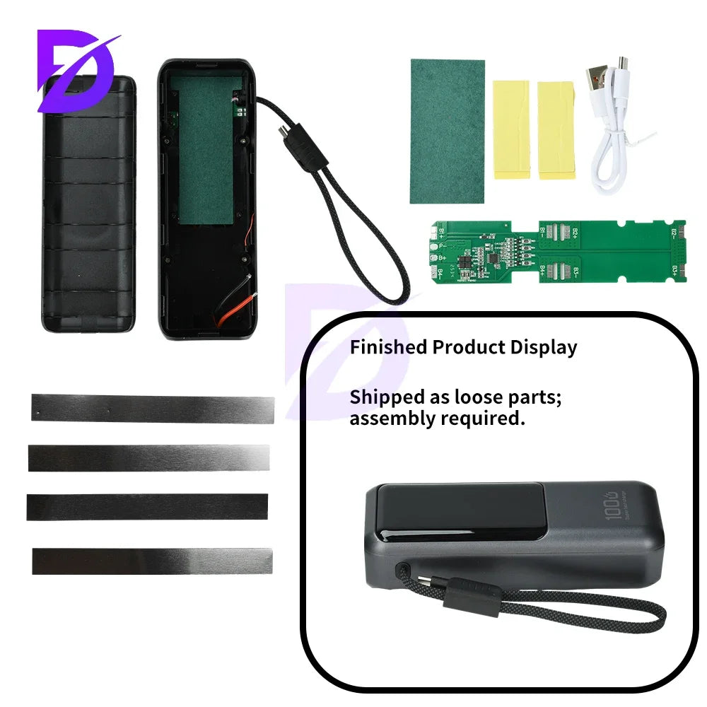 High-Power PD 100W Fast Charging with Built-in Cable Power Bank DIY Kit 4-Cell 21700 Battery Case Gray Power Bank Housing