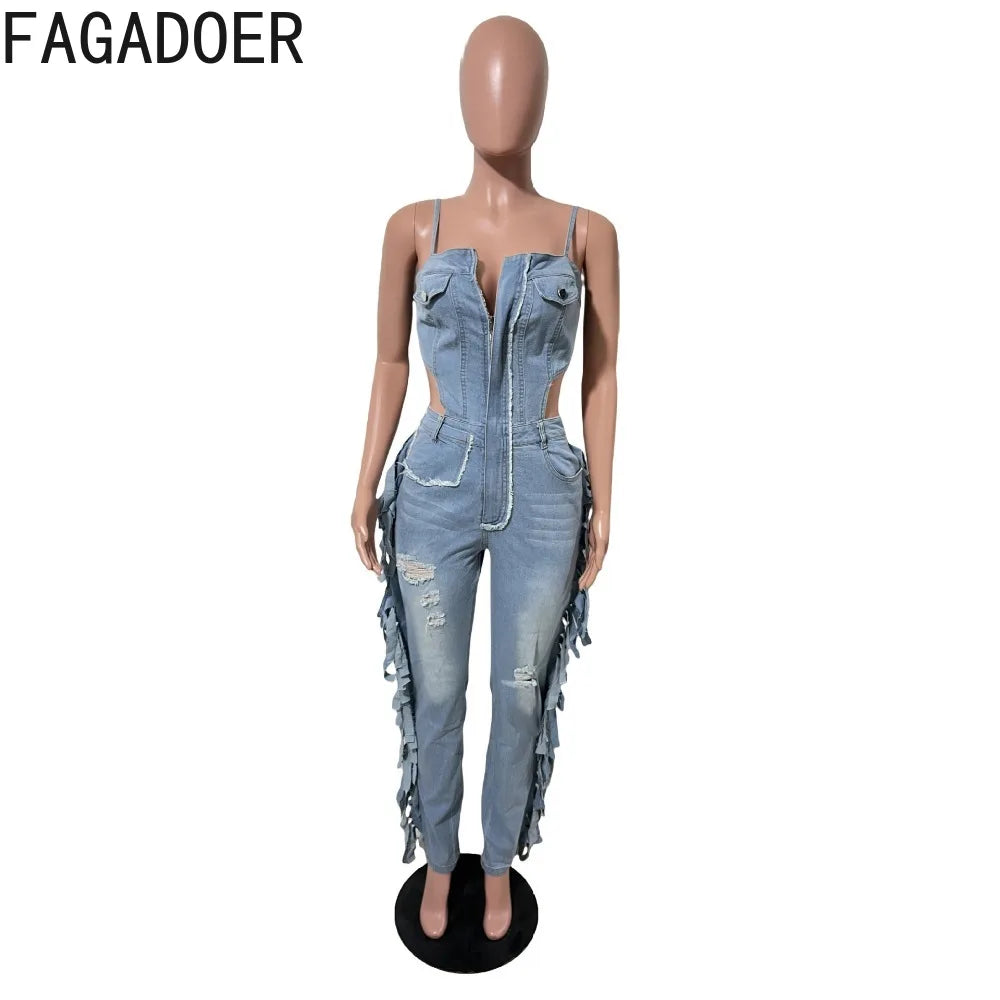 FAGADOER Fashion Fringed Bodycon Denim Jumpsuits Women Sexy Spaghetti Strap Hollow Out Zipper Pocket Patchwork Romper Streetwear