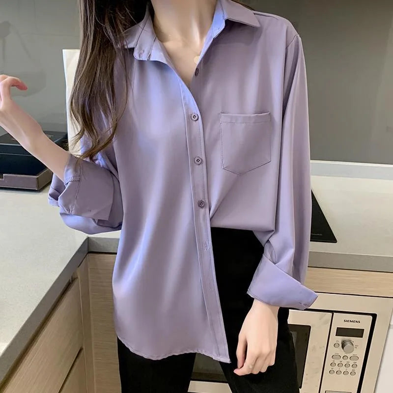 Women Spring Autumn Style Blouses Shirts Lady Casual Long Sleeve Turn-down Collar Solid Color Blusas Tops WY1034
