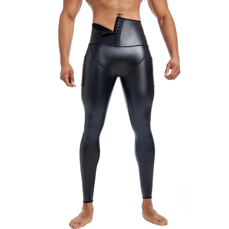 CHENYE Men High waist Leather Pants Skinny Stretch PU Trouser Nightclub Party Rock Steampunk PU Leather Pants 3-hook with Pocket