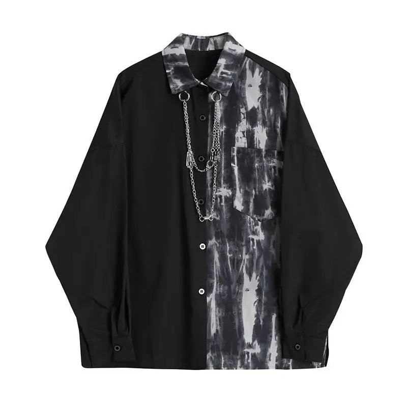 Spring Autumn New Fashion Turn-down Collar Long Sleeve Tie Dye Blouse Men's Clothing Patchwork Chain Button Korean Trend Shirts
