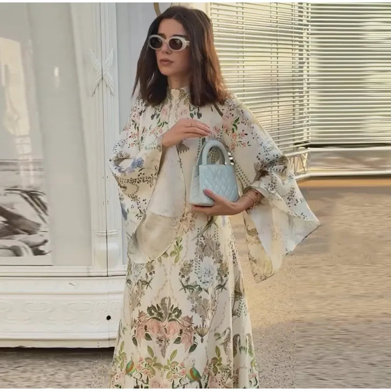 Elegant Women's Printed Long Dresses Loose O-neck Flared Half Sleeve Big Hem Wide Female Dresses 2026 Summer Lady HolidayRobes