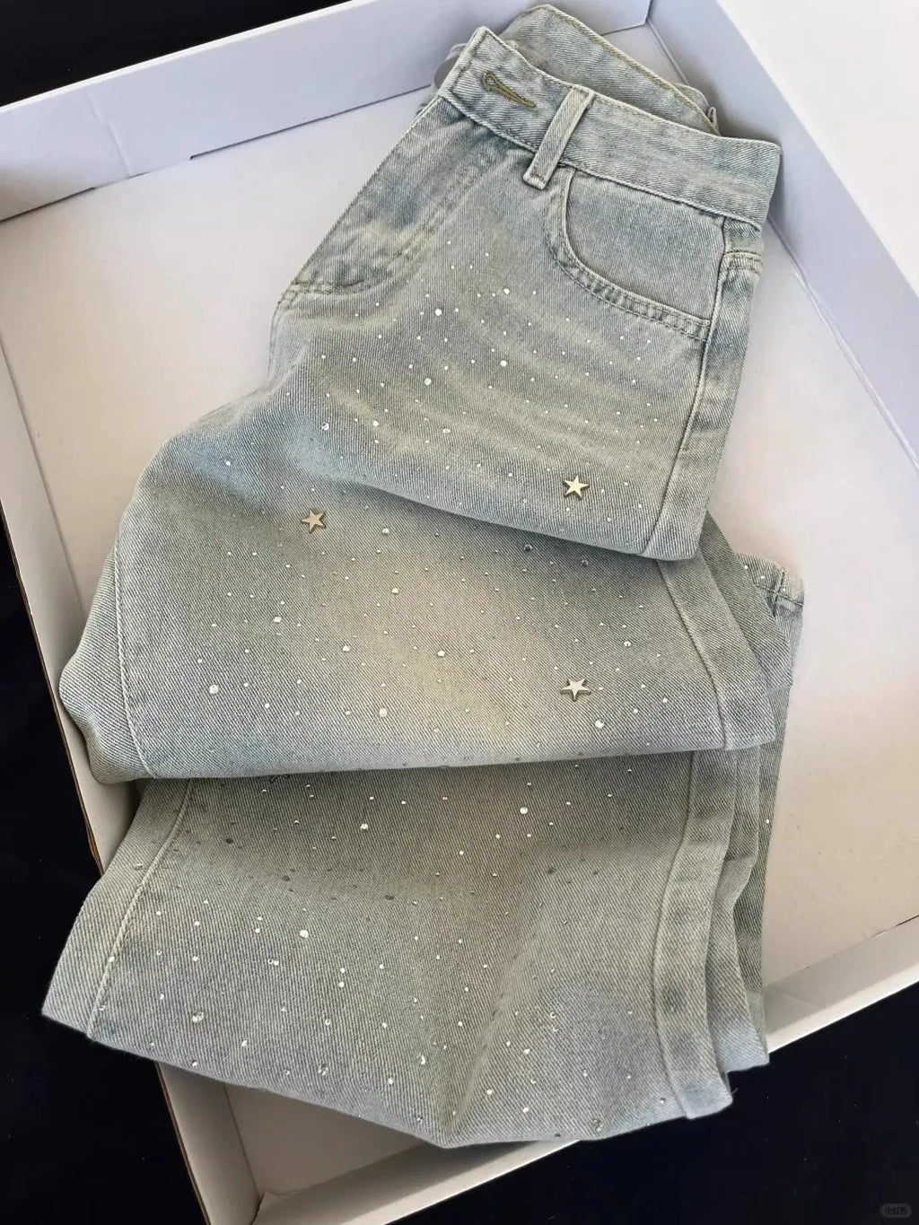 Four Seasons New Fashion Women's Light Blue Wide Leg High Waist Loose Casual Trendy Jeans Female Diamond Studded Denim Trousers