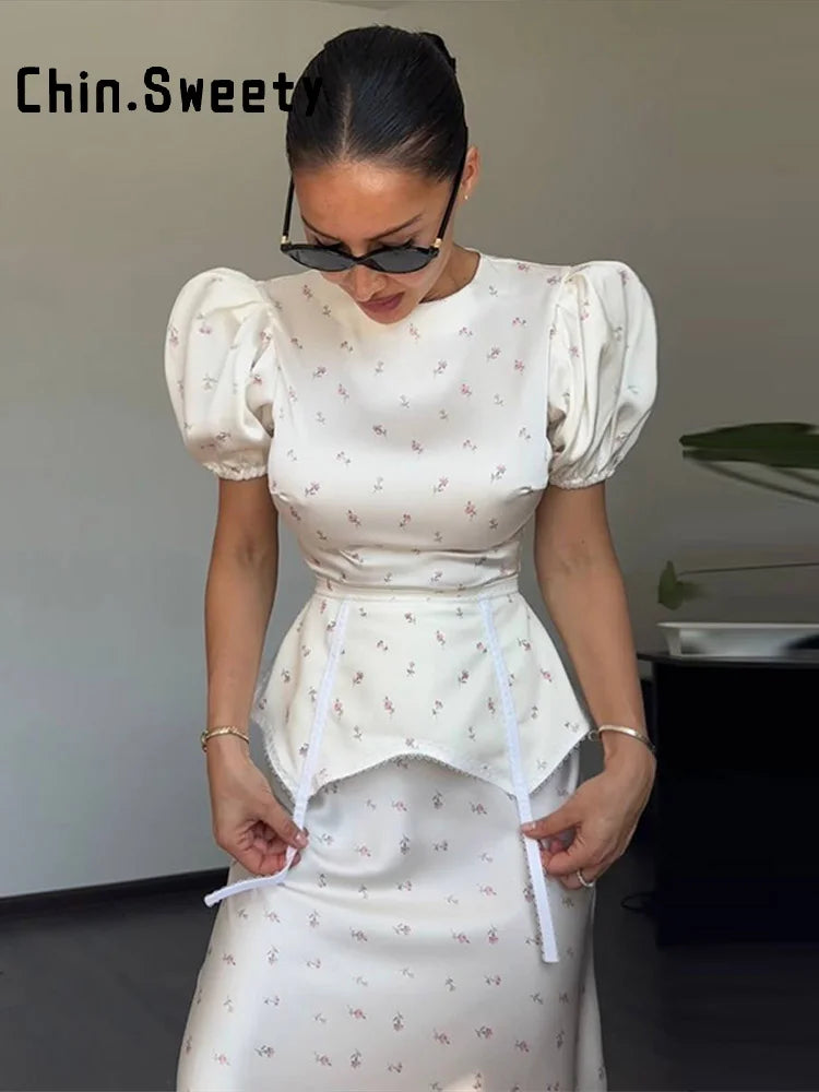 Elegant Women's Printed Waistband Stain Long Dress Slim Waist Cinched Bubble Sleeve Dresses 2026 Spring Summer Party Robes