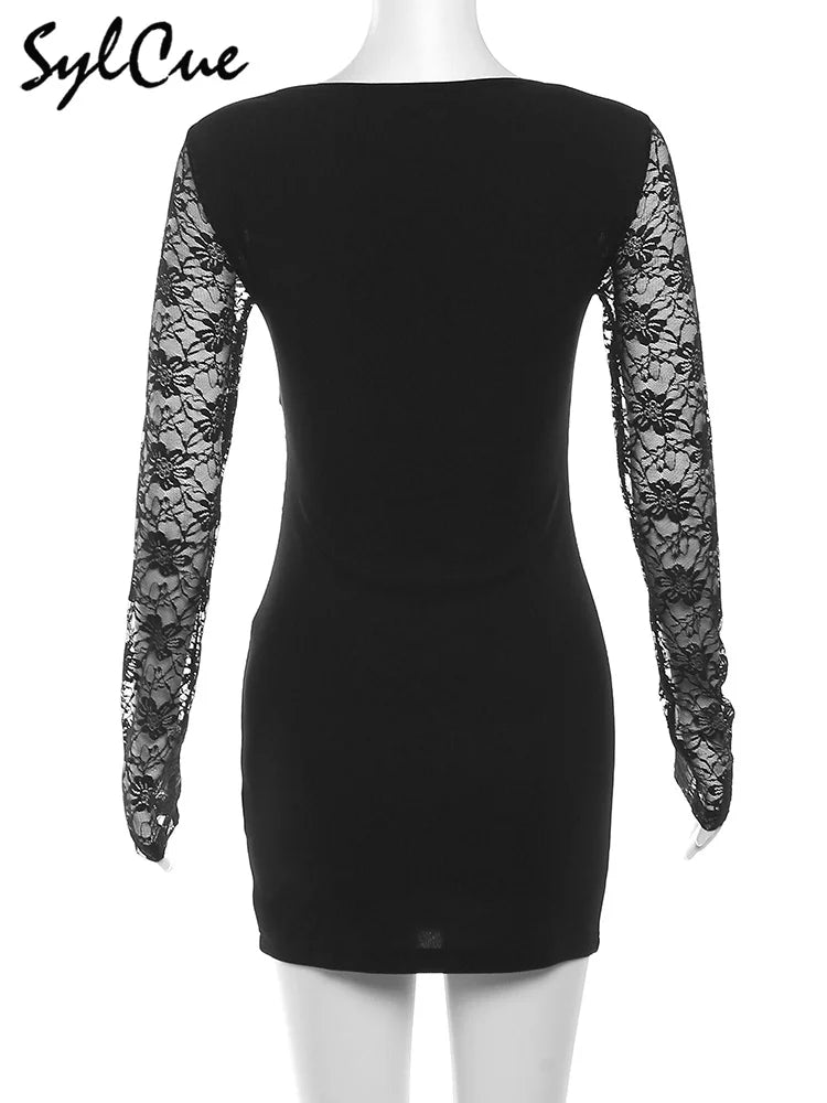 Sylcue Black Mysterious Sexy Lace Stitching Mature Beautiful Sweet Gentle Women'S Winter Long Sleeve Hip Short Dress