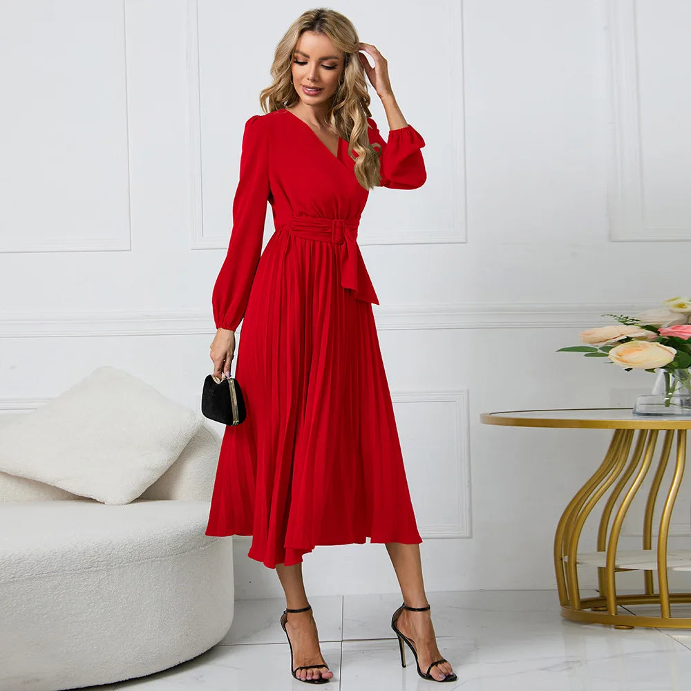 Elegant Women's Green Chiffon Autumn/Winter Long Sleeve Slim Fit Pleated Dress Fashion Women's V-neck Belt Party Dresses S-2XL