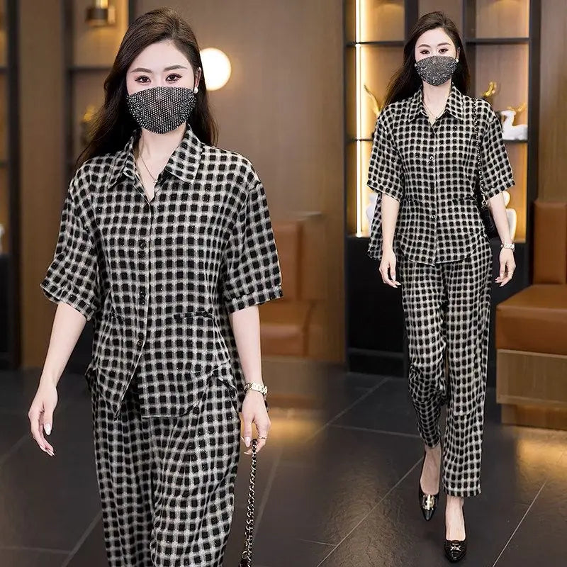 plus Size Casual Plaid Short Sleeve Women's Set Summer New Fashion Loose Shirt Two Piece Set High Waist Long Pants