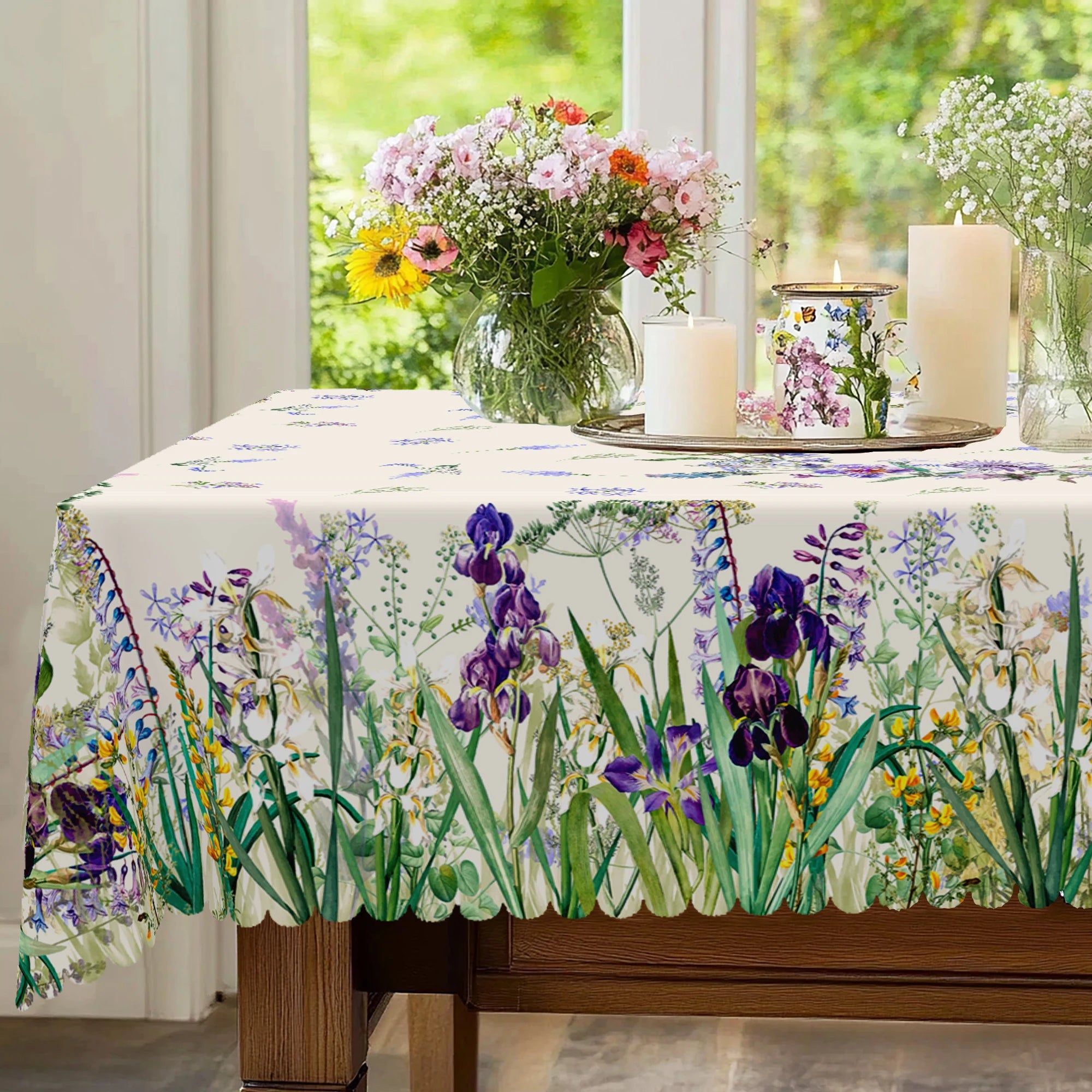 1 Piece of Fresh Spring-Themed Round and Rectangular Tablecloth, Available in Various Sizes, with a Print Featuring Delicate Purple Iris and Vibrant Green Grass, Fine Blue Floral Clusters, and Faintly Patterned Branches and L