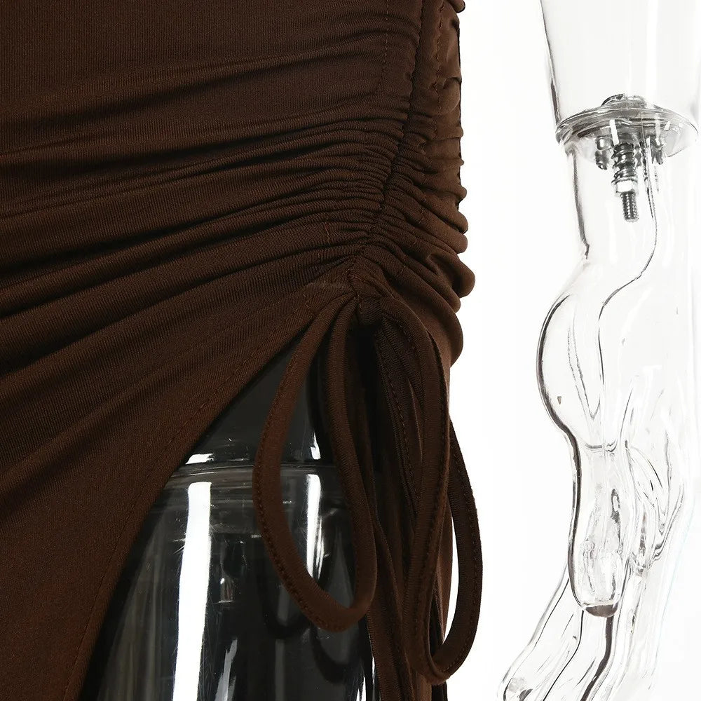 Summer Woman Dress Halter Neck Sleeveless High Waist Slit Maxi Dress Ruched Side Backless Elegant Party Evening Black for