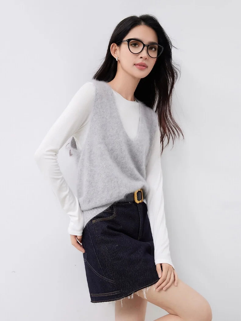 SuyaDream, Women Vests, Fleece Wool, V Neck, Chic Pullovers, 4.7%Cashmere 95.3%Wool, 2025 Fall Winter Sweaters, Tanks