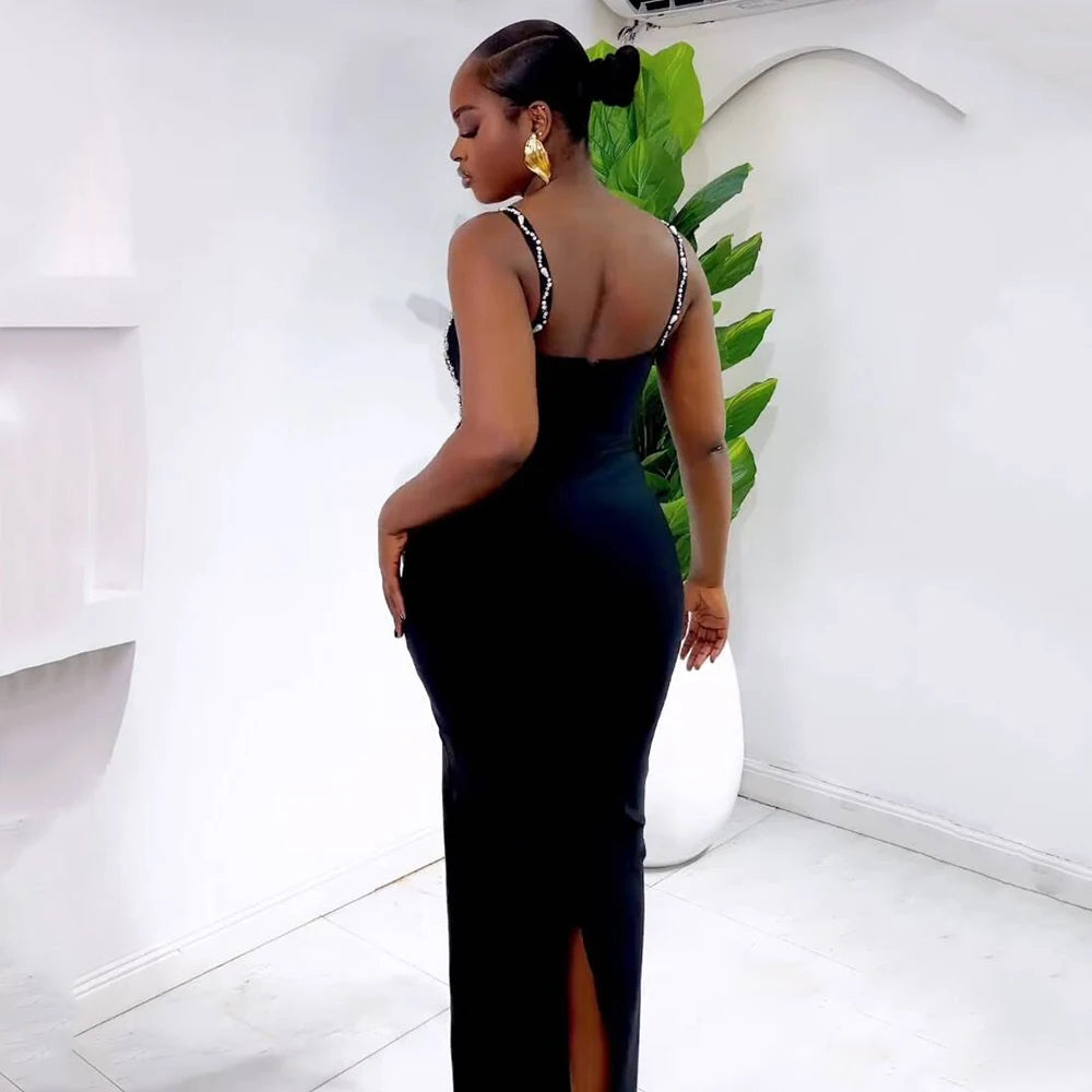 Women Elegant Beading Bandage Dress Spaghetti Strap Bodycon Clothes Club Party Evening Dresses