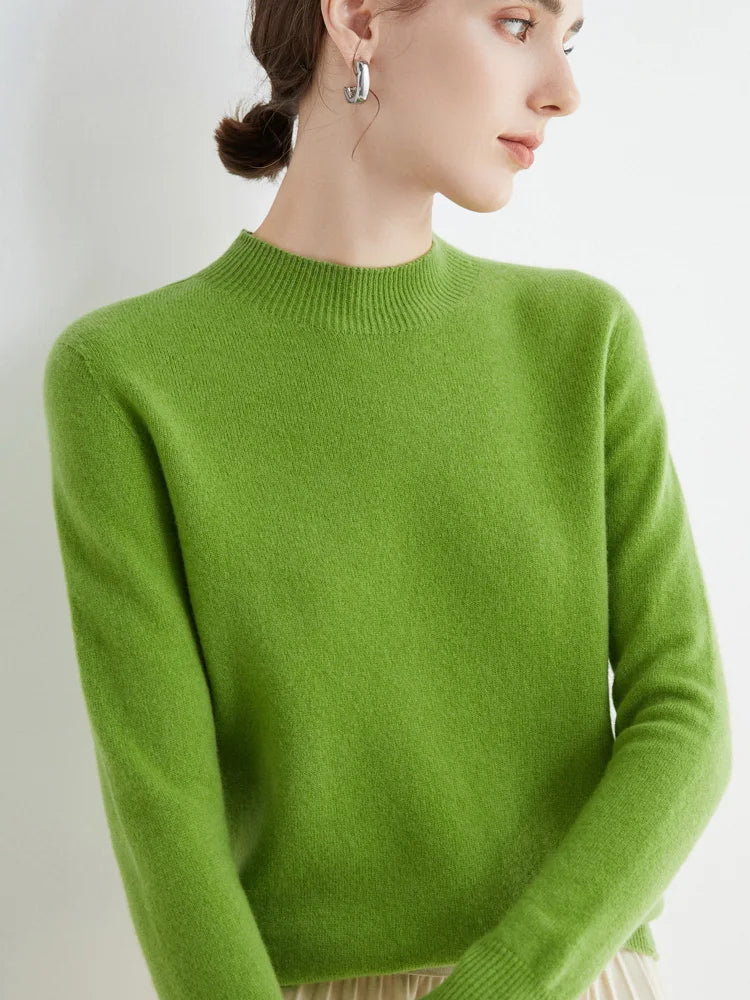 First-Line Seamless Women's Half-Turtleneck 100% Pure Wool Sweater Solid Color Long Sleeve Pullover Knitted Bottoming Sweater