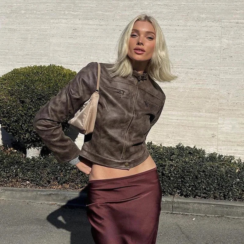 American Y2K Retro Distressed Brown Short Jacket 2026 Spring New Hot Girl Versatile Stand Collar PU Leather Jacket