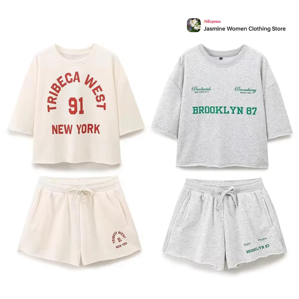 Plush Ensemble Femme 2 Piece COTTON Short Sets for Women Two Colors Text Print O-neck Sweatshirts + Mid Elastic Waistband Shorts