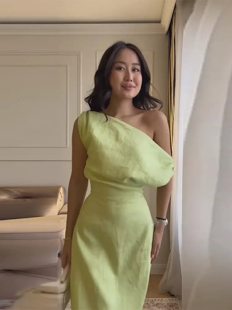 Party Dress Women's Lime One-Shoulder Dress Asymmetric Neckline Draped Waist Elegant Maxi Club Wear Woman Clothes Summer Outfit