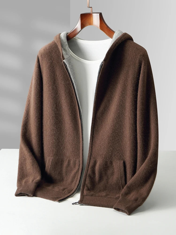 New Men's 100% Merino Wool Double Sided Wearable Hooded Sweater Casual Autumn Winter Coat Long Sleeved Men's Wool Sweater Tops