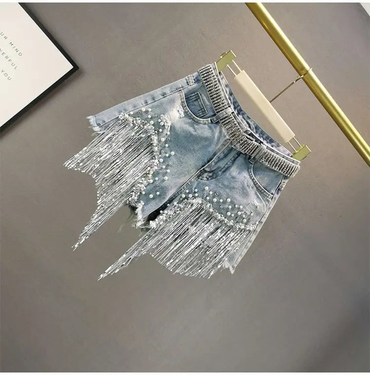Denim Shorts Women's 2025 Summer Clothes New European High Waist Thin Heavy Industry Beaded Sequined Fringed Broken Copper Jeans