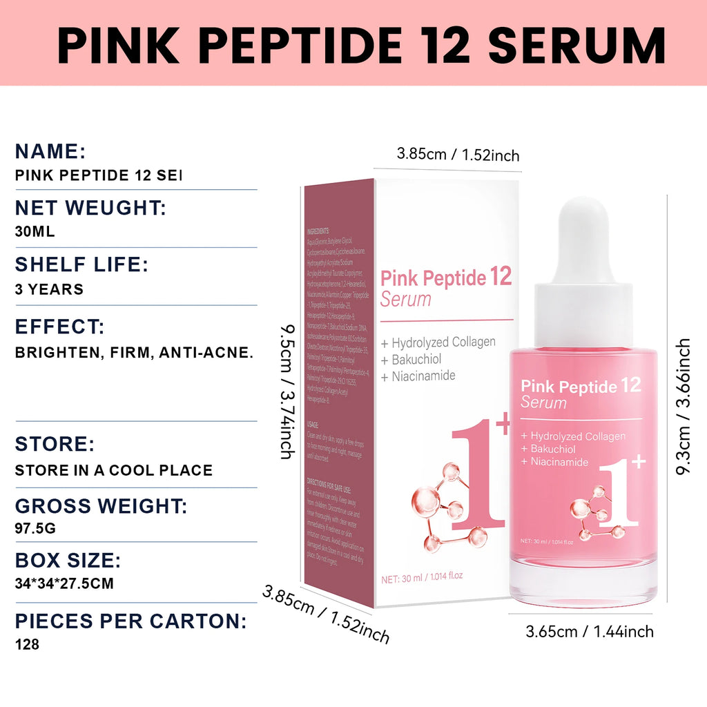 Pink Peptide 12 Serum with Bakuchiol & Niacinamide - Anti Aging Face Serum for Women - Hydrating & Firming 30ml
