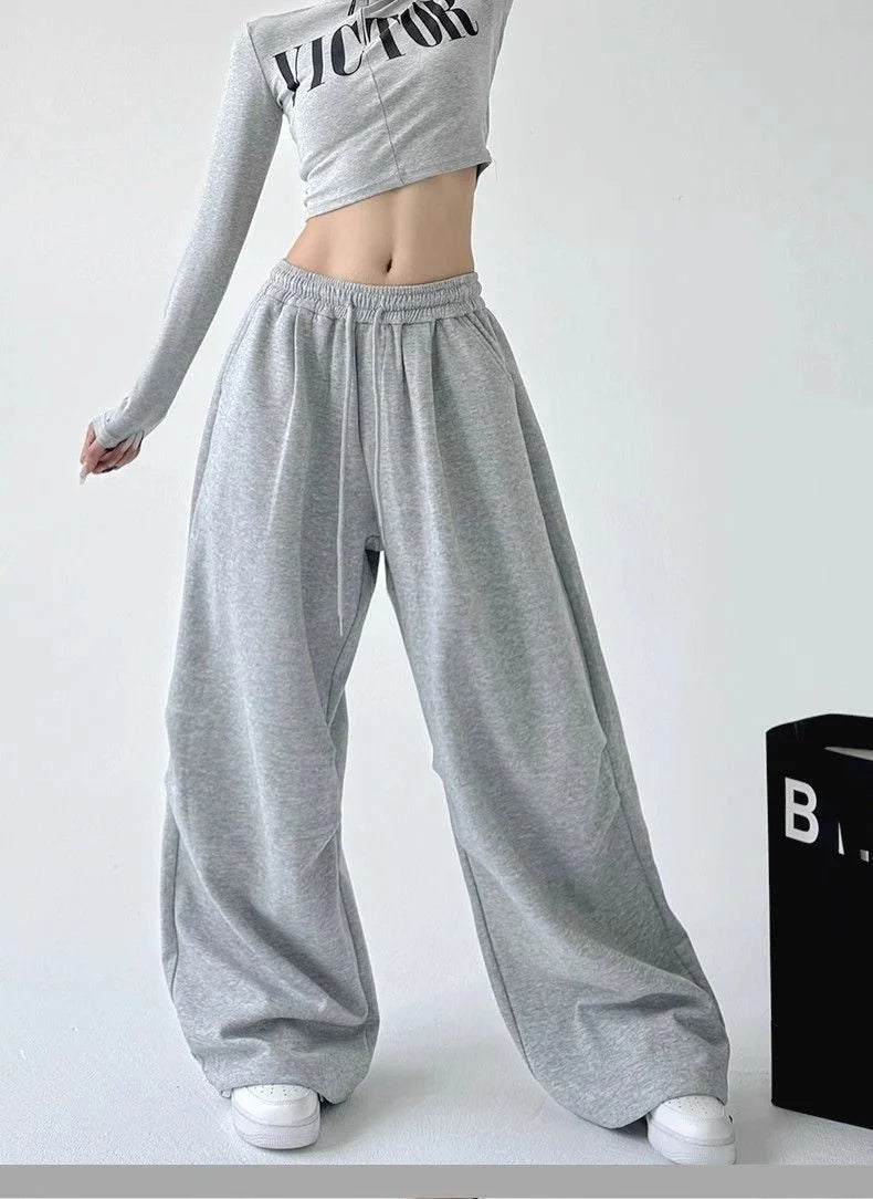 Women's Drawstring Wide Leg Sweatpants Elastic Loose Straight Leg Casual Jogger Trousers with Pockets for Daily Streetwear Pants