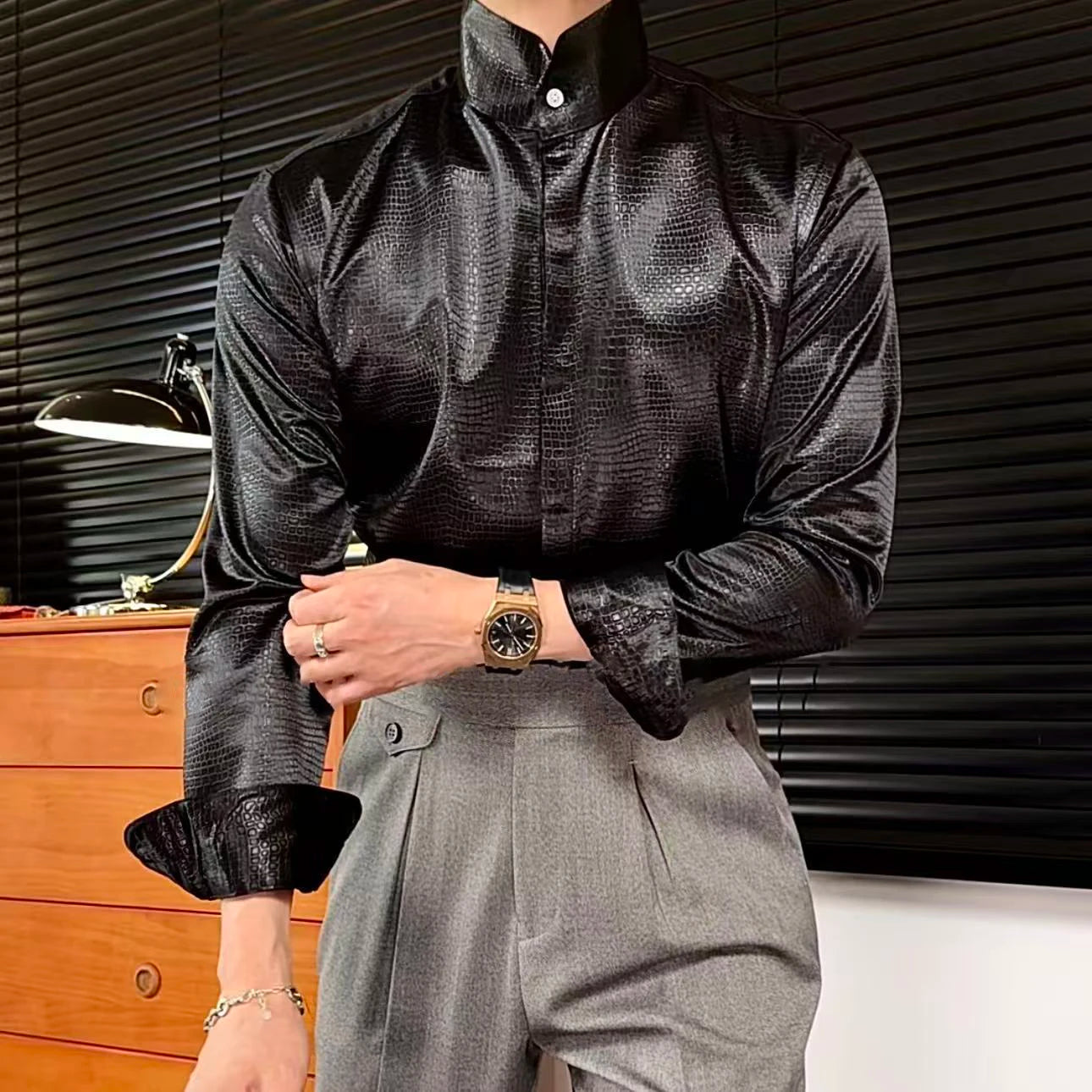 Stand Collar Men Shirt Office Long Sleeve Shirt Streetwear Leopard Print Shirt Social Business Shirt Men Camisa Social Masculina