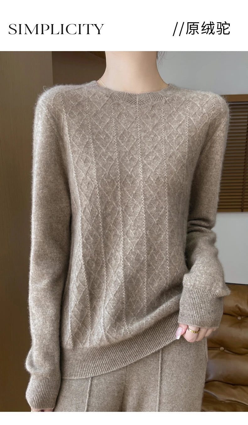 Fall/Winter 2024 New Women's Sweater 100% Pure Wool Lotus Collar Solid Color Loose Knitted Cashmere Pullover
