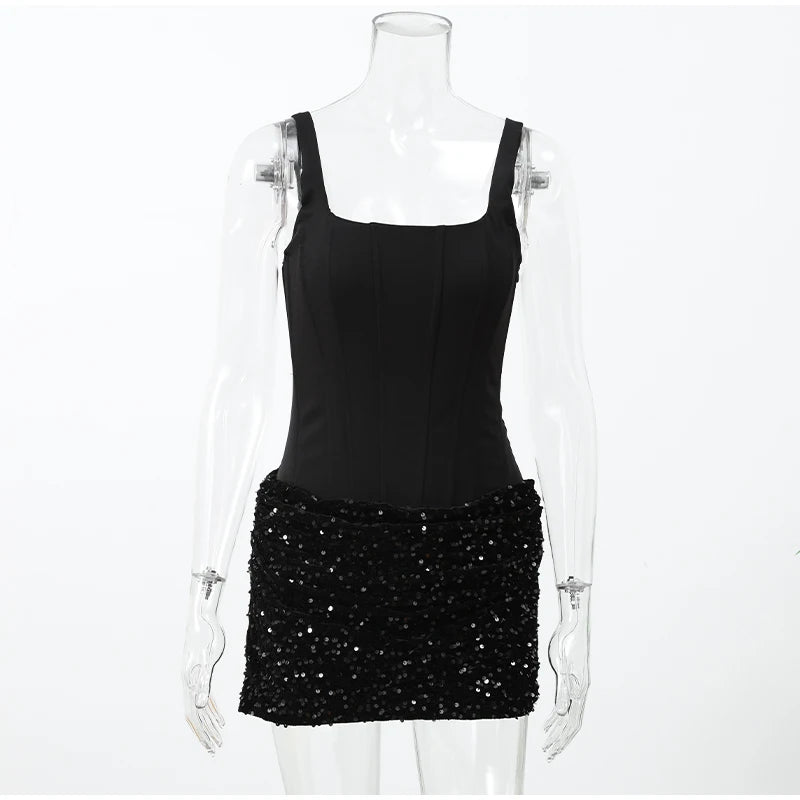 Sexy Women Pleated Bodycon Dress Sequin Backless Slim Spaghetti Strap Mini Summer Dresses 2026 Evening Nightclub Party Gown