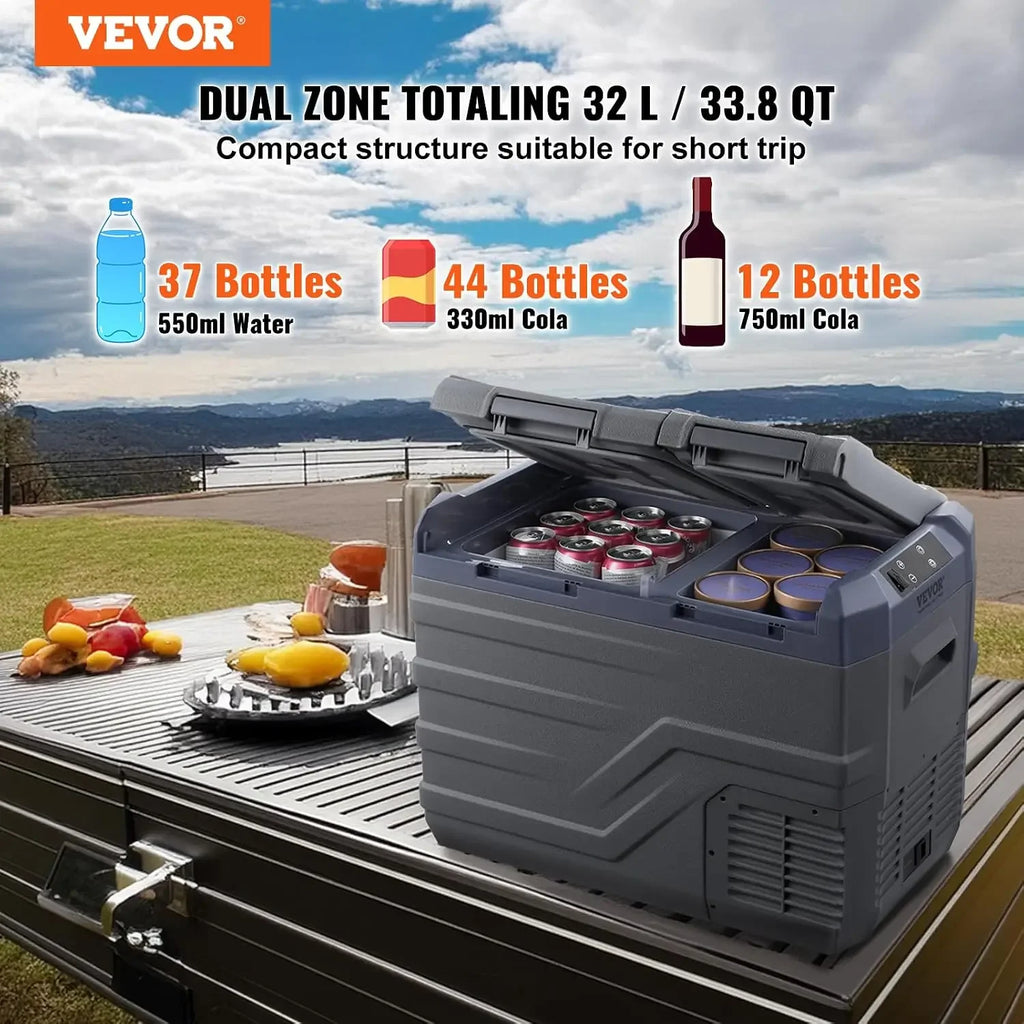 32L Dual Zone Car Refrigerator, Portable Freezer -20~20℃, 12/24V DC & 100-240V AC Compressor Cooler for Camping RV