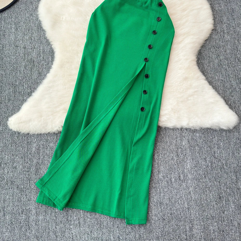 Sexy two Pieces Sets Chic Elegant  v neck slip camis with High Waist Hip Wrap Single Breasted split summer sweet Full Skir