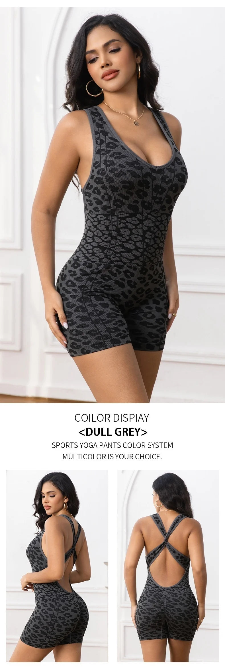 Women Seamless Leopard Print Yoga Jumpsuit Crisscross Back High Stretch Hip Lift Tummy Control Breathable Workout Romper Shorts