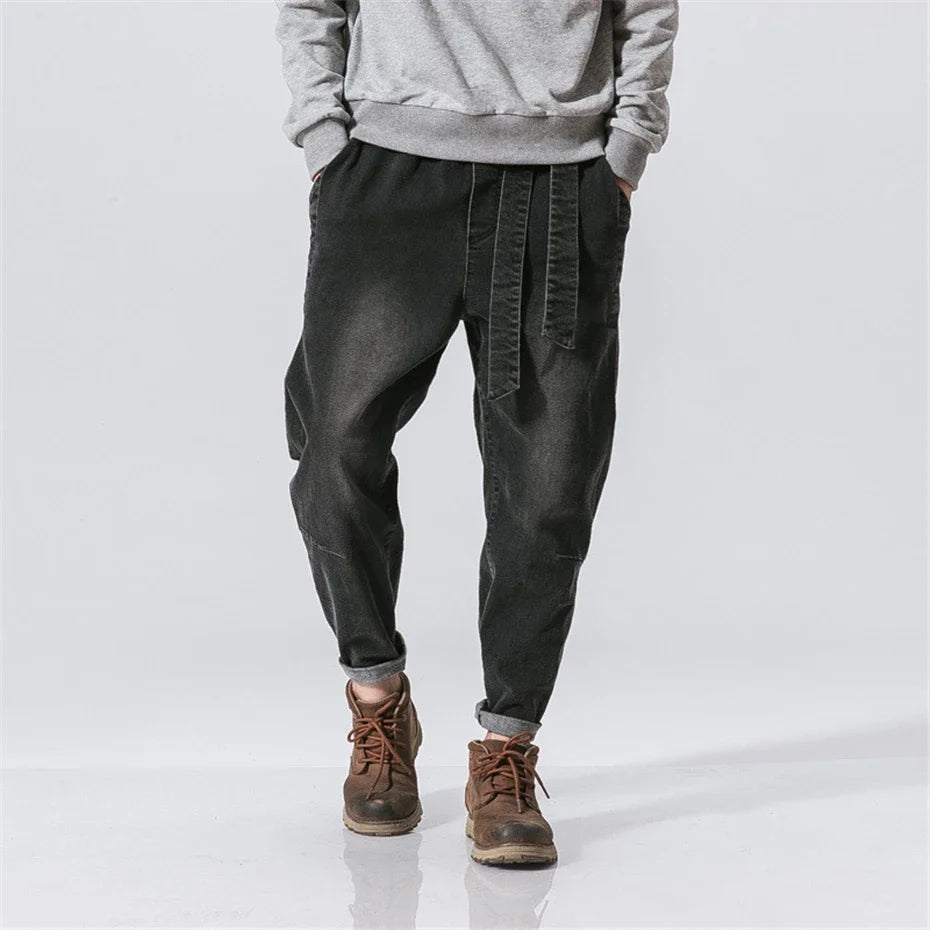 Vintage Denim Pants Men Streetwear Harajuku Jeans Belt Design Fashion Solid Color Jeans Elastic Waist Trousers Mens Clothes