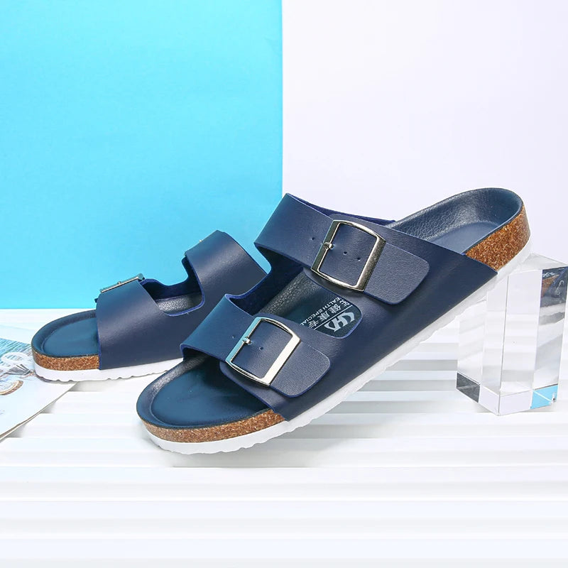 Summer Men Women Cork Slippers Clogs Microfiber Leather Slides Casual Slip On Sandal Double Buckle