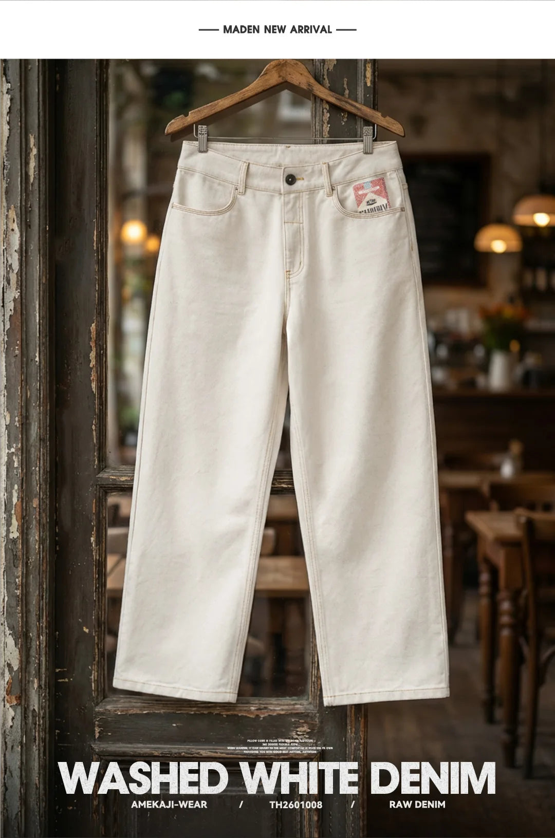 Maden Men's Vintage White Heavyweight Washed Jeans Straight 100% Cotton CleanFit Casual Pants with Zip Fly for Spring and Autumn