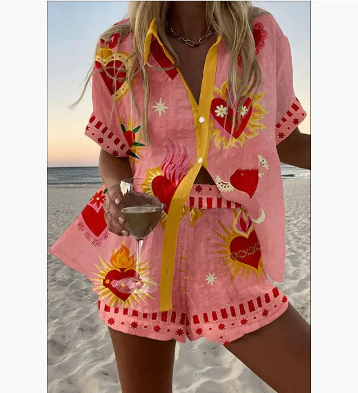 2025 New Summer Vacation Shorts Set 3D Printed Seaside Tropical Casual Lapel Shirt Blouse Top Shorts 2-Piece Suits Beach Holiday