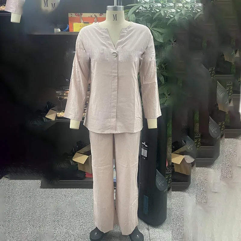 Casual Solid Color Pullover Long Pants 2-piece Set Women's Cotton and Linen Pants Suit White Pink