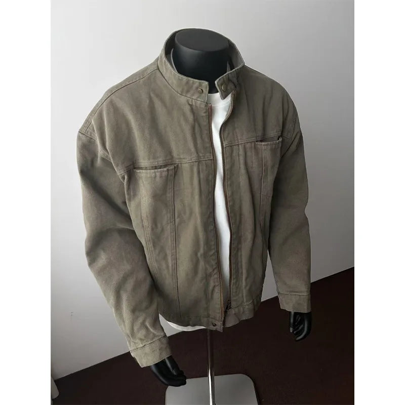 Spring Autumn New Fashion Men's Casual Trendy Solid Color Stand Collar Longs Leeve Solid Color Zipper Jacket Coat Streetwear
