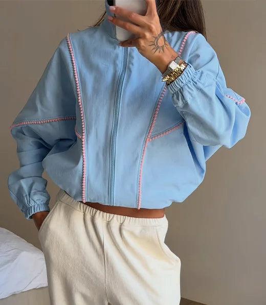 Polka Dot Cropped Windbreaker Jacket, Contrast Pink Seam Piping Side Pockets Loose Outerwear 2026 Autumn Street Daily Lady Coat