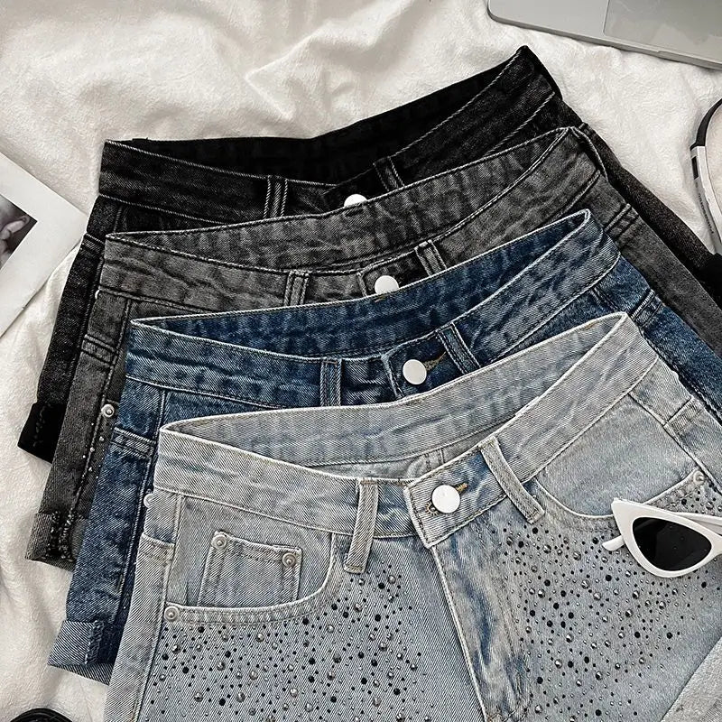 Retro Fashion Rhinestone Denim Shorts Women Pink Summer New A-Line Wide Leg Jeans Ultra Short For Hot Girls Bottoms