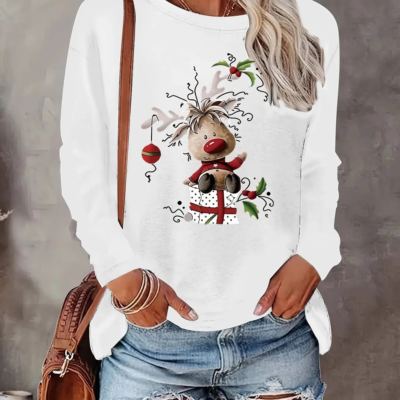 Women's Spring and Autumn 100% Cotton Fashion Casual Loose Christmas Deer Pattern Printed Round Neck Long Sleeve T-shirt Top