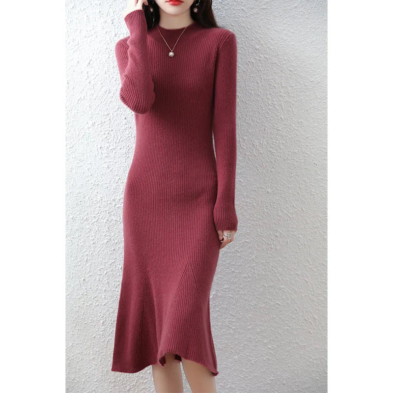 Cashmere Sweater Women's Knitted Dresses 100% Merino Wool O-Neck Elegant Party Dress Autumn Winter Female Pullover Casual Skirts