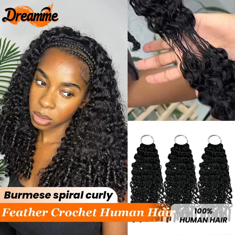 Curly Feather Crochet Human Hair Extensions Knotless Pre Separated Burmese Curly Crochet Extension With Special Curly Ends