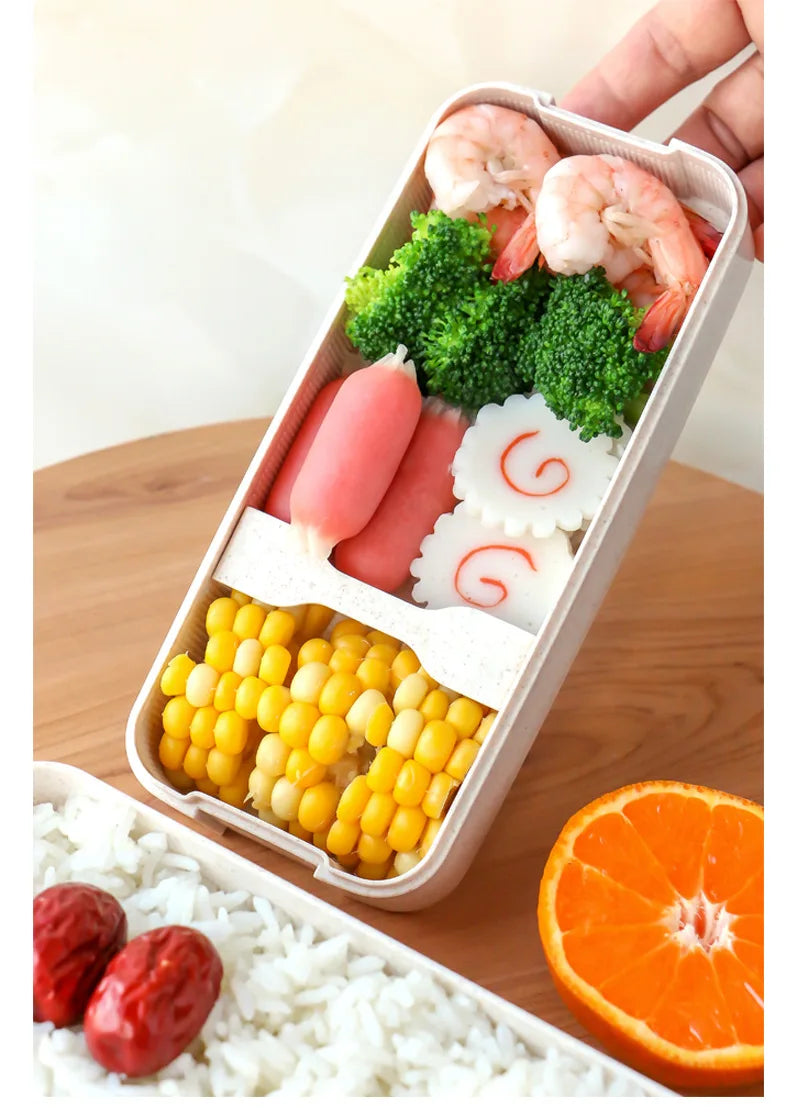 Wheat Straw Lunch Box ，Stackable Bento Box Microwave Dinnerware Food Storage Container with Spoon Fork For Student Work，2 Layer