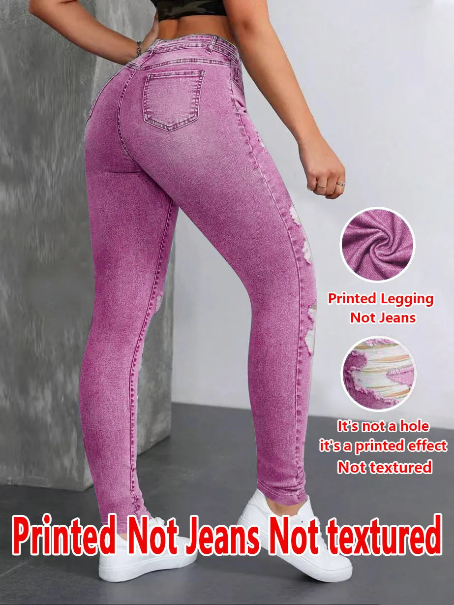 1278 [Printed Pants - Not Denim Fabric] Women's High-Stretch Imitation Denim Distressed Oversized Pants - Wide-Look for Skinny