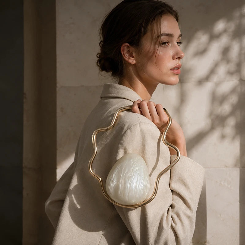 Egg Shape Acrylic Iron Box Handbag,Women Irregular Metal Frame Evening Bag,Luxury Wedding Elegant Party White Clutch Purse