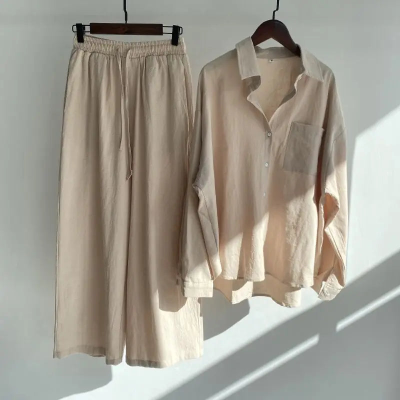 Women's 2-piece set 2026 Spring Autumn New Long sleeved Cotton linen Shirt top+High waisted loose Pants Comfortable Casual Sets