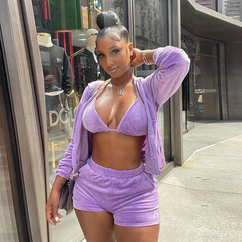 Velvet Tracksuit 3 Piece Set Women Fall Outfits Zipper Hoodies Jacket + Bra + Shorts Sets Sporty Matching Sets Jogging Femme