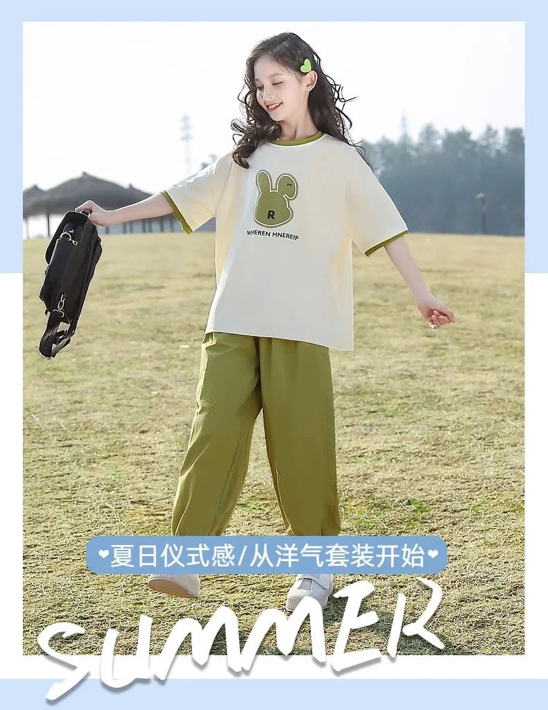 5 6 8 10 12 14 Years Summer Girls Clothing Sets Cute Rabbit Tops + Pants 2Pcs Outfits Kids Tracksuit Teenagers New Kids Clothes