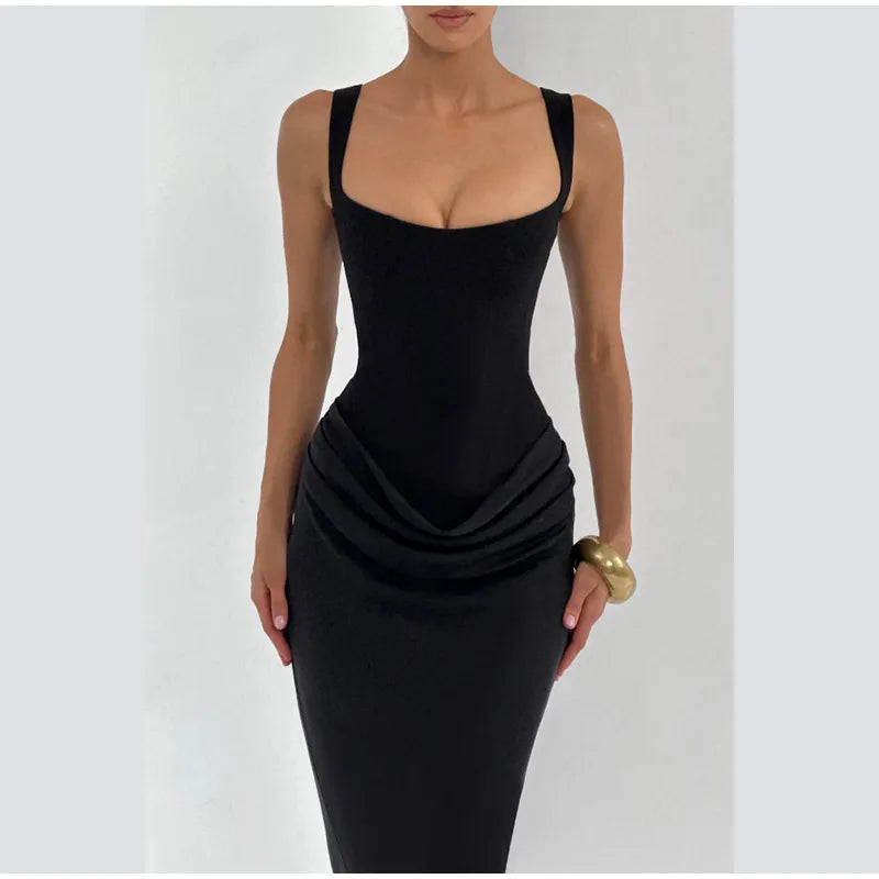 Ruched Waist Satin Long Dress Solid Bodycon Sleeveless Cowl Neck Fishtail Women Dresses 2026 Summer Lady Formal Evening Gowns