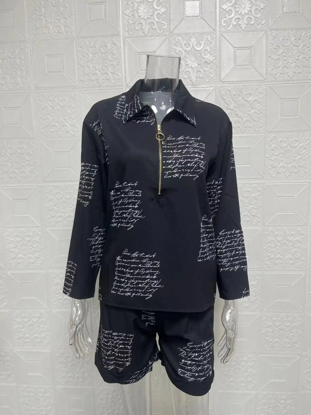 Summer Women's Letter Print Shirts Two Piece Sets Casual Turn-down Neck Long Sleeve Zipper Blouses Shorts Suits Loose Streetwear