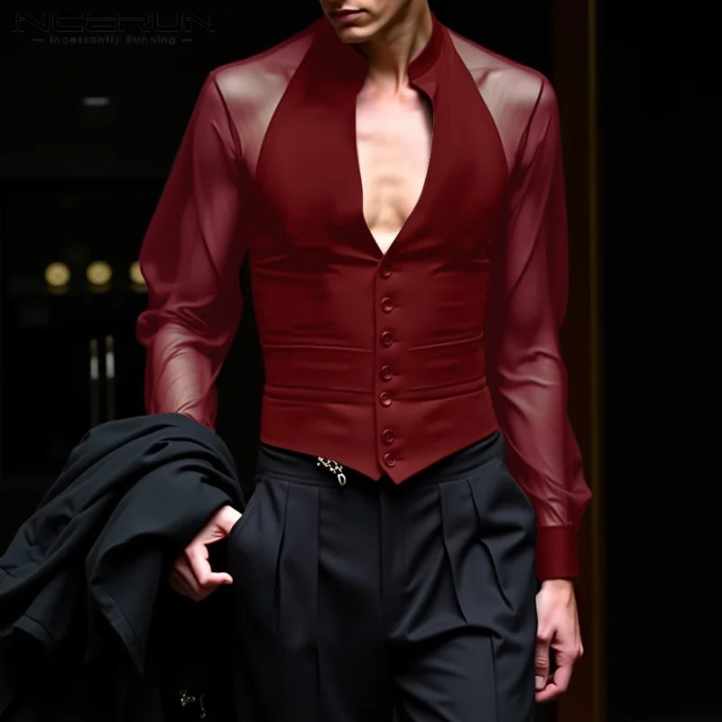 Men Shirt Mesh Patchwork V Neck Long Sleeve Casual Male Shirts Streetwear Transparent Sexy Fashion Party Camisas 2025 INCERUN