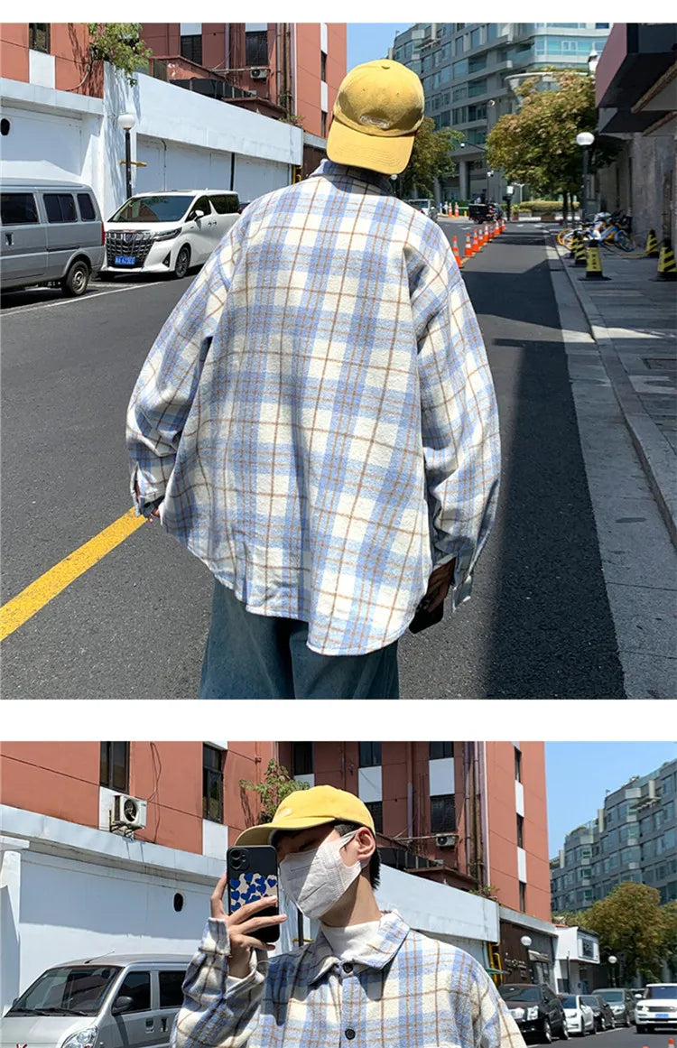 Men's Plaid Long Sleeve Shirt Loose Fit Thin Style Autumn Spring Casual Wear Sun Protection Outerwear Classic Check Pattern